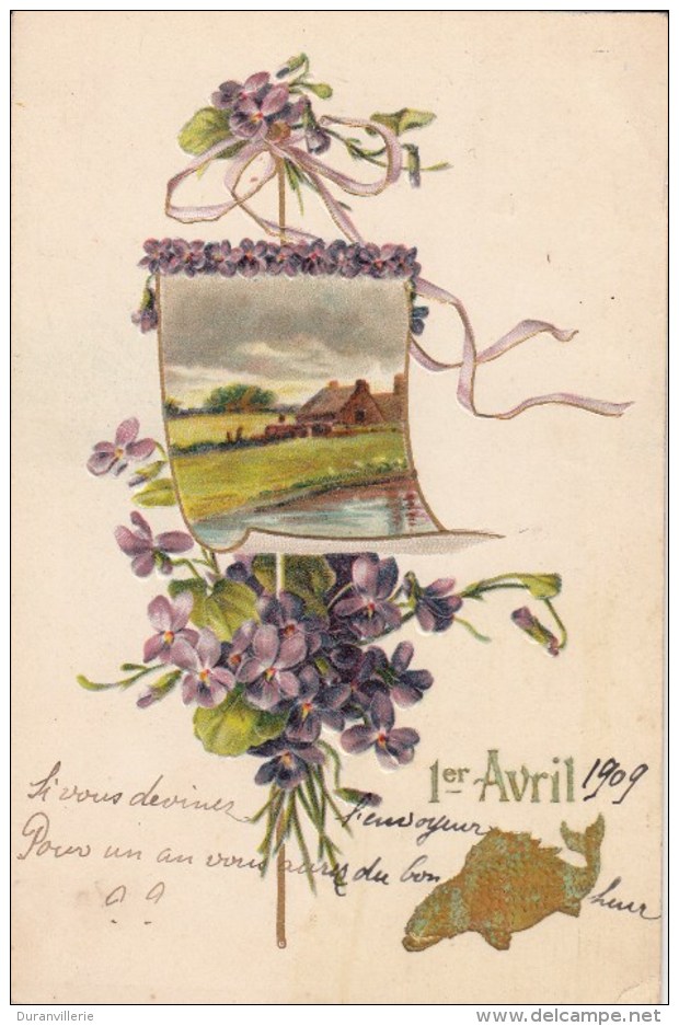 Carte Gauffrée - 1er Avril - Bouquet Fleurs, Poisson - 1909 - 1er Avril - Poisson D'avril