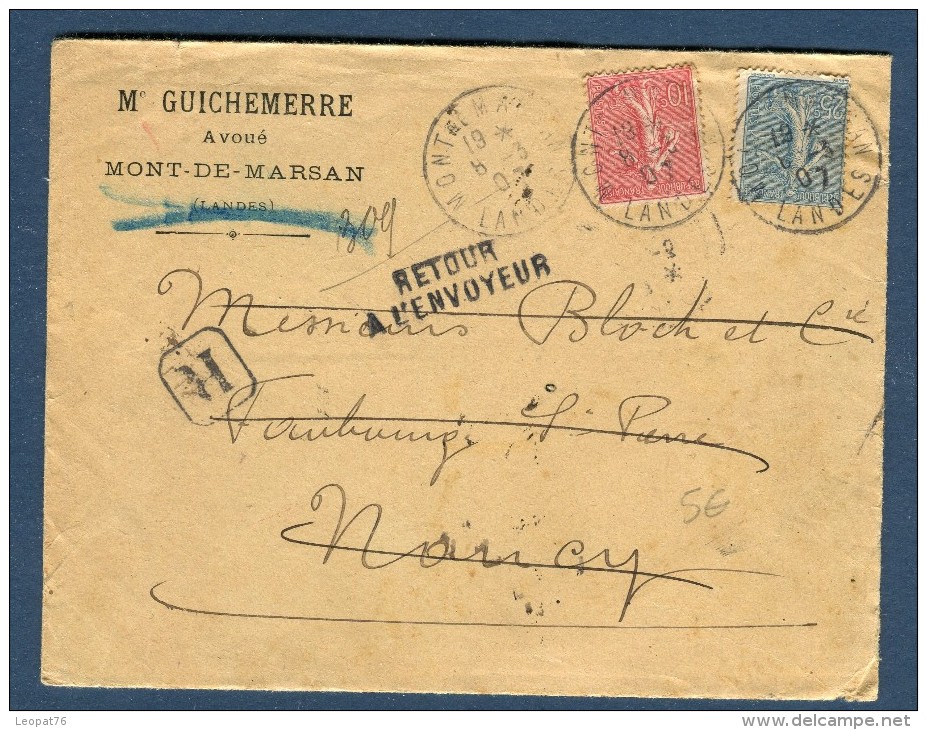 France - Enveloppe En Recommandée De Mont De Marsan Et Retour à L 'envoyeur En 1907   Voir 2 Scans - Réf. S 171 - 1877-1920: Période Semi Moderne