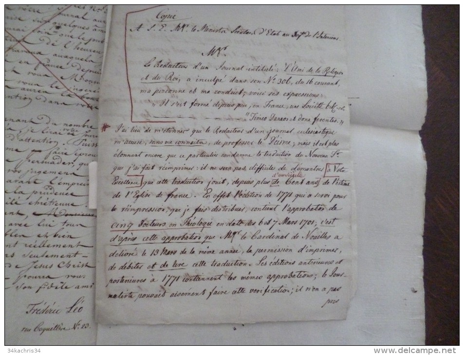 Manuscrit original Religion  F.Léo 1817 Lettre au journal l'ami de la religion + 1 au ministre Plainte de diffamation