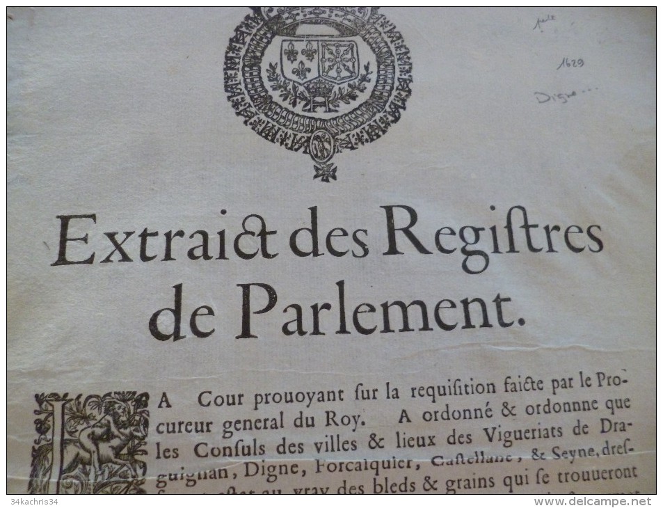 Affiche Placard Peste Extraits Des Registres Du Parlement 1629 Digne Seyne, Draguignan Circulation Des Grains 25.5 X 35 - Posters