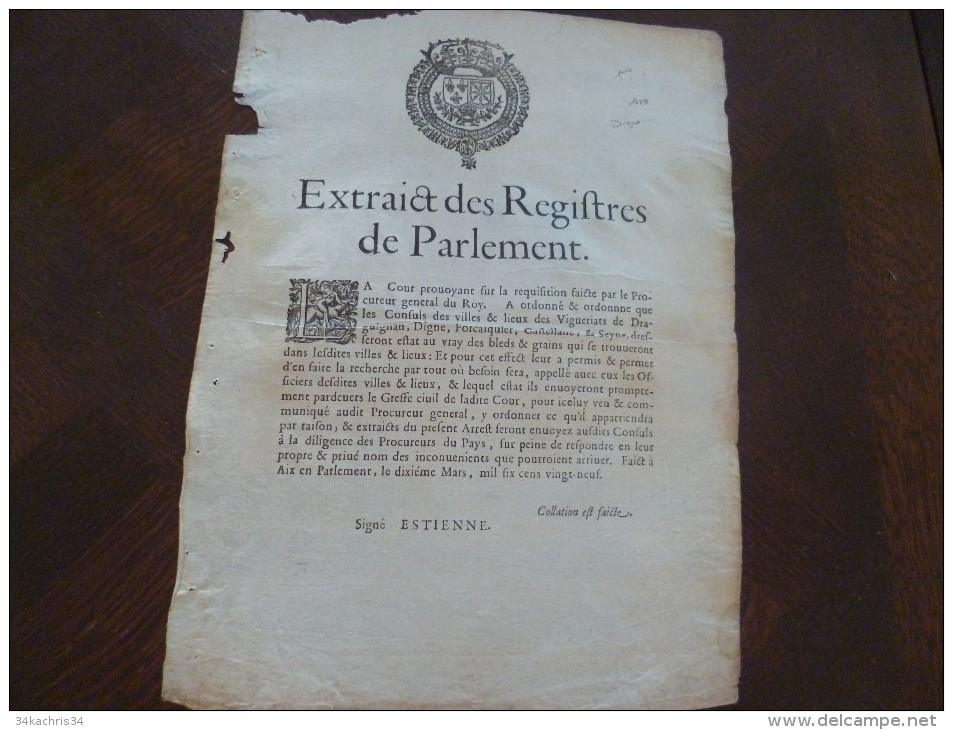 Affiche Placard Peste Extraits Des Registres Du Parlement 1629 Digne Seyne, Draguignan Circulation Des Grains 25.5 X 35 - Posters