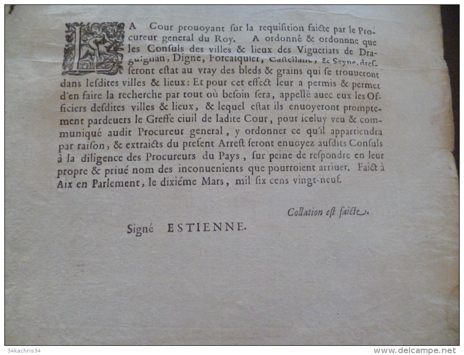 Affiche Placard Peste Extraits Des Registres Du Parlement 1629 Digne Seyne, Draguignan Circulation Des Grains 25.5 X 35 - Posters