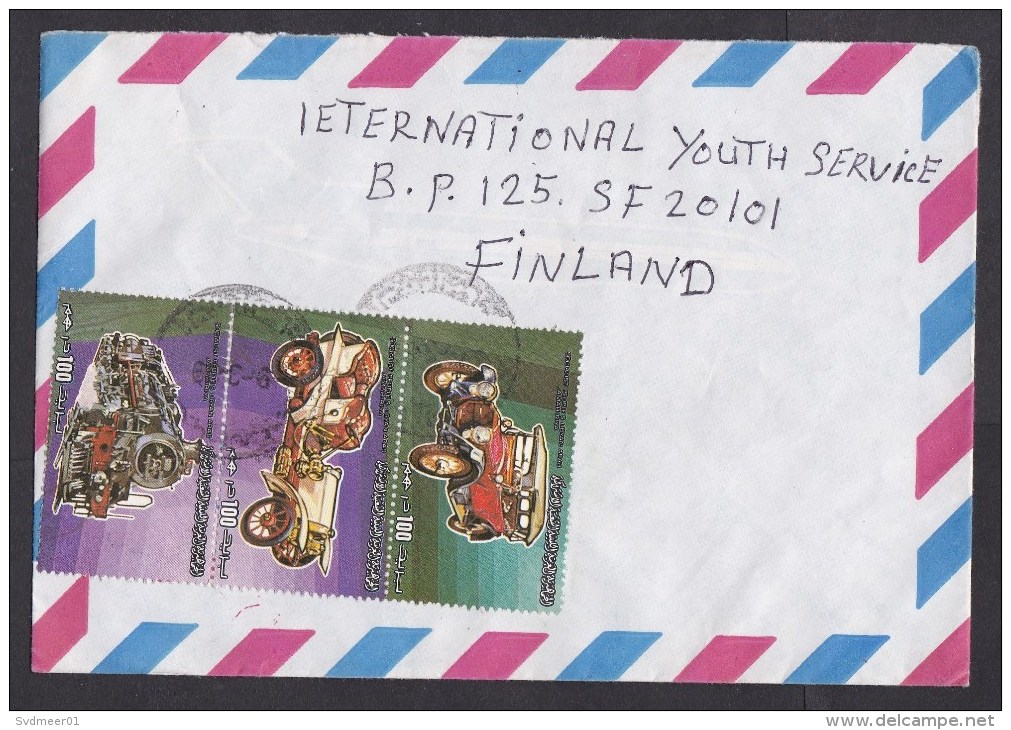 Libya: Airmail Cover To Finland, 3 Stamps, Classic Car, Automobile, Steam Train, Rare Real Use (traces Of Use) - Libië