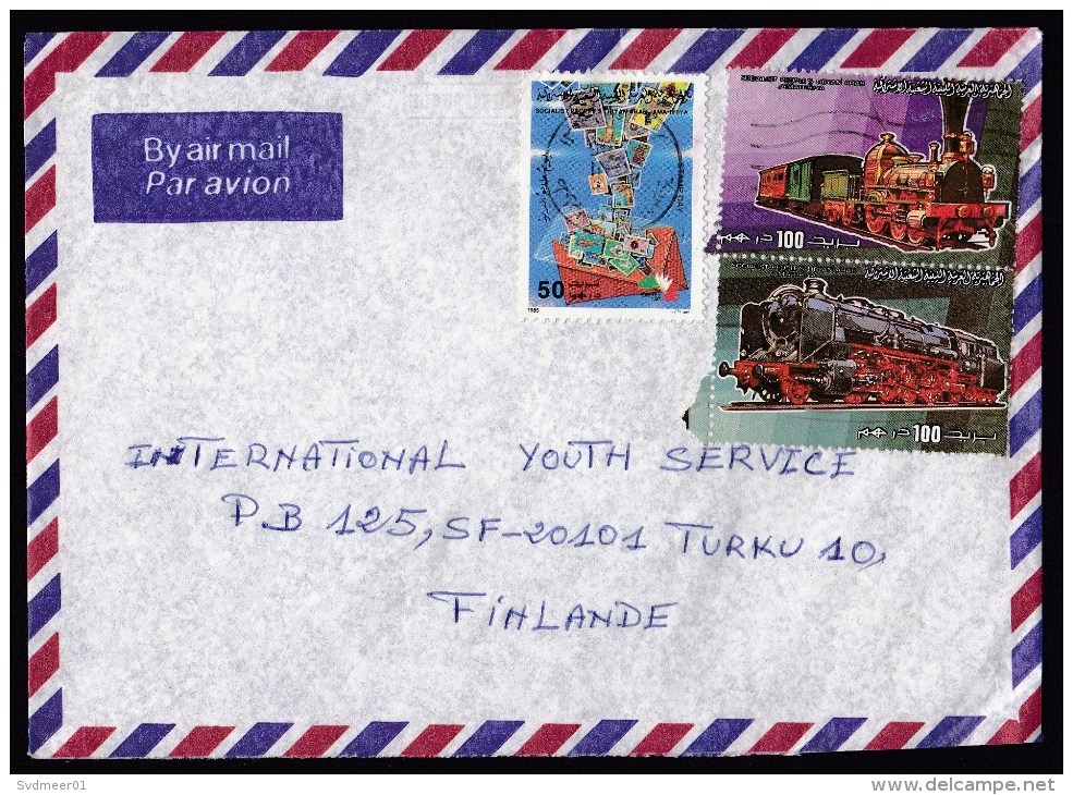 Libya: Airmail Cover To Finland, 3 Stamps, Classic Steam Train, Stamp Day, Philately, Rare Real Use! (traces Of Use) - Libië