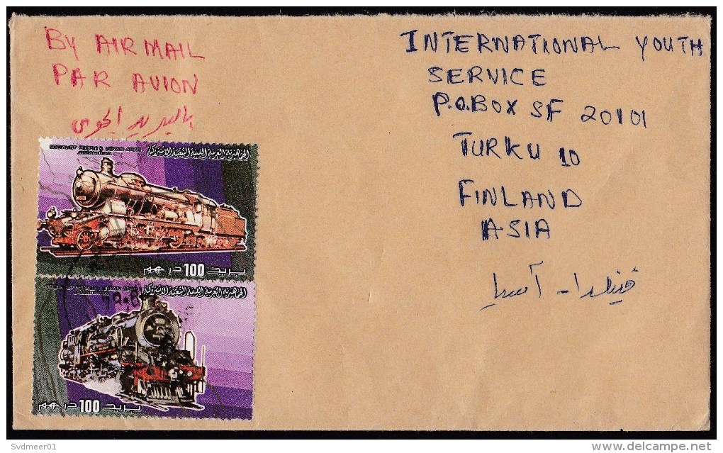 Libya: Airmail Cover To Finland, 1984, 2 Stamps, Classic Steam Train, Rare Real Use! (traces Of Use) - Libië