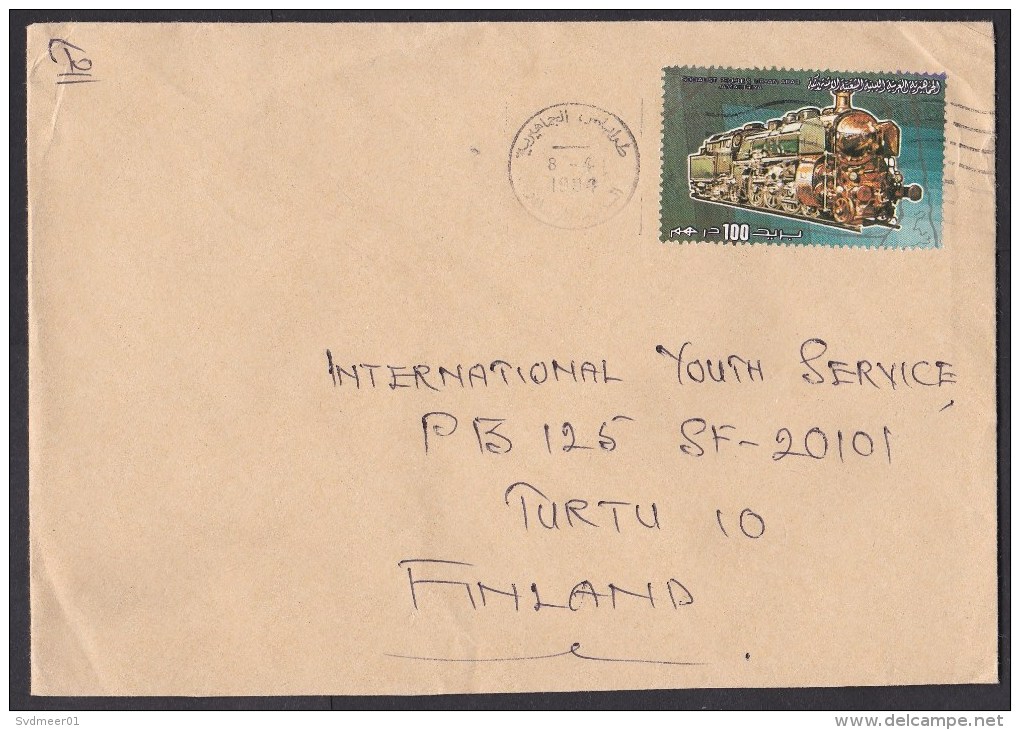 Libya: Cover To Finland, 1984, 1 Stamp, Classic Steam Train, Rare Real Use! (traces Of Use) - Libië