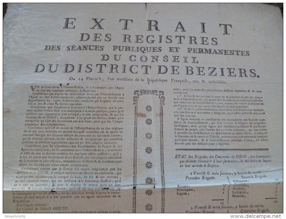 Affiche Placard Extraits Des Registres Révolution Conseil De Béziers 24/Plu/AnIII Brigades De Charettes Armée - Decrees & Laws