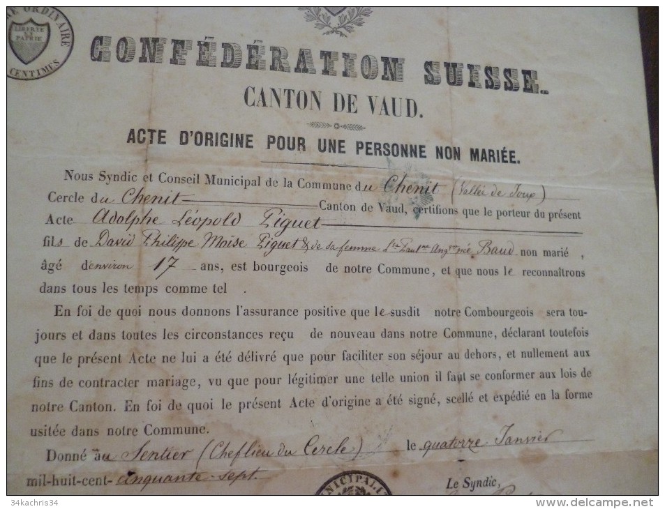 Confédération Suisse Canton De Vaud 1858 Acte D'origine - Historical Documents