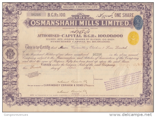 HYDERABAD  2A Yellow Embossed Revenue + 2A India Blue Revenue On 100 Rs Osmanshahi Share Certfct # 92658  India  Inde - Textiel