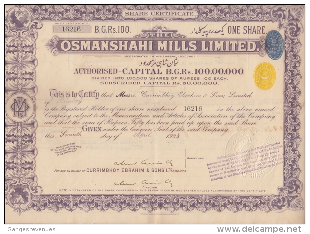 HYDERABAD  2A Yellow Embossed Revenue + 2A India Blue Revenue On 100 Rs Osmanshahi Share Certfct # 92658  India  Inde - Textile