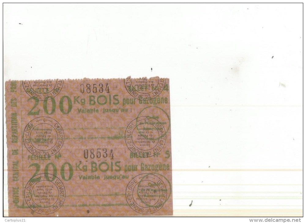 TICKETS BOIS POUR GAZOGENE  NOVEMBRE 1945  200KG 2 COULEURS - Non Classés