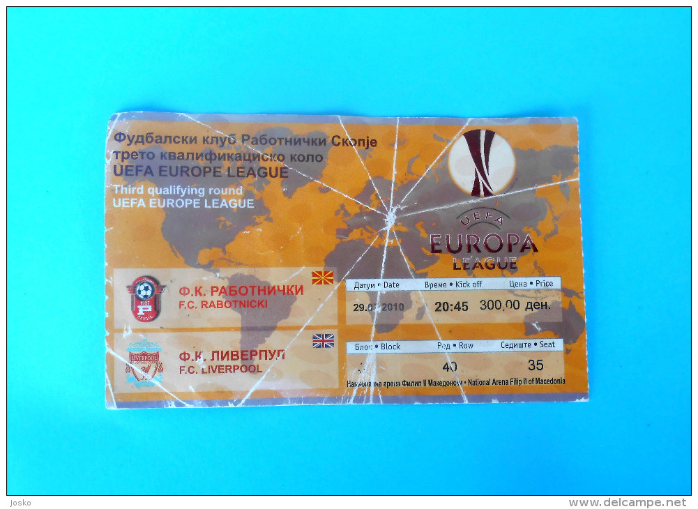 FC RABOTNIICKI Vs FC LIVERPOOL - 2010. UEFA EUROPA LEAGUE Football Soccer Match Ticket Biglietto Calcio Fussball England - Match Tickets