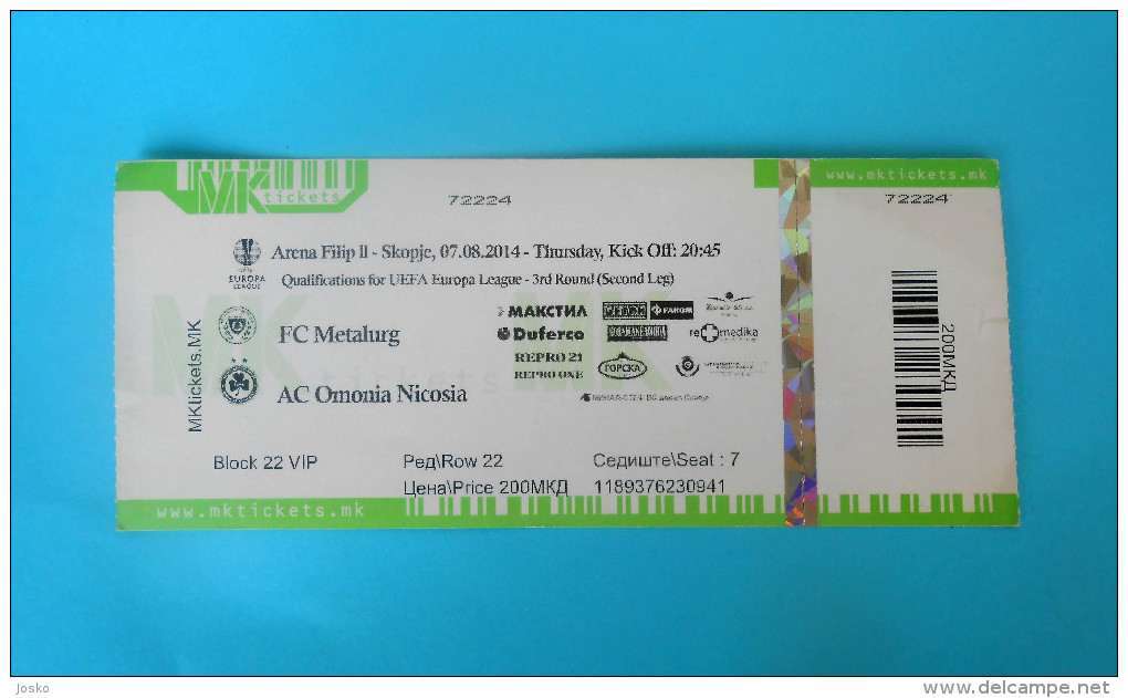 FC METALURG Vs AC OMONIA Nicosia Cyprus - 2014. UEFA EUROPA LEAGUE Football Soccer Match Ticket Foot Billet Biglietto - Match Tickets