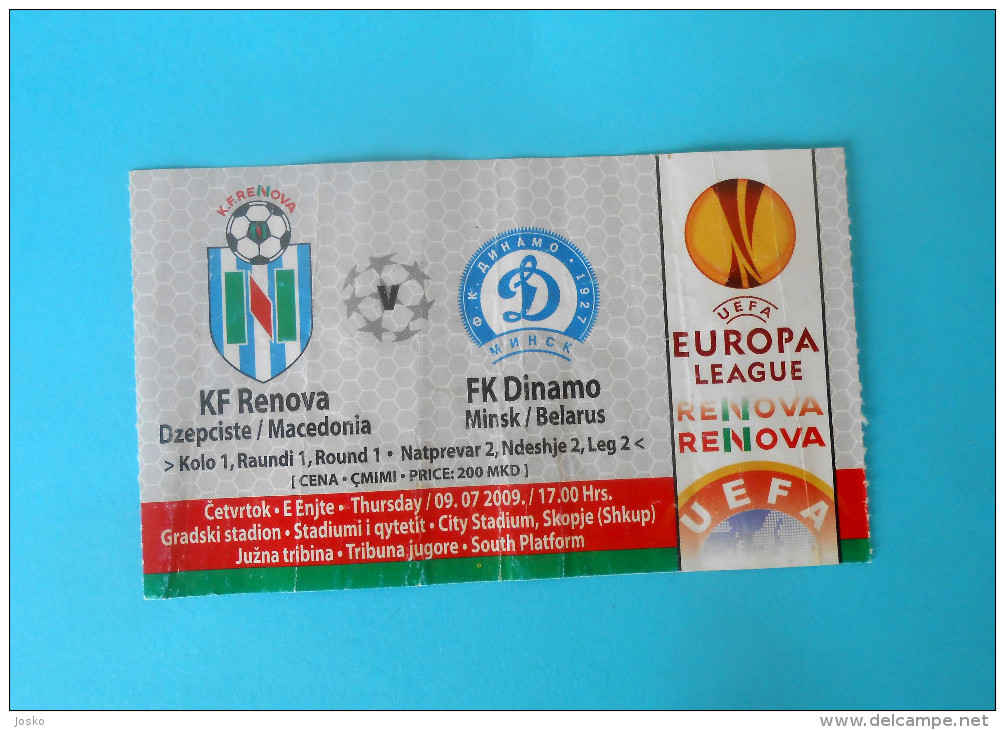 KF RENOVA Vs FC DINAMO Minsk Belarus - 2009. UEFA EUROPA LEAGUE Football Soccer Match Ticket Fussball Calcio Biglietto - Match Tickets