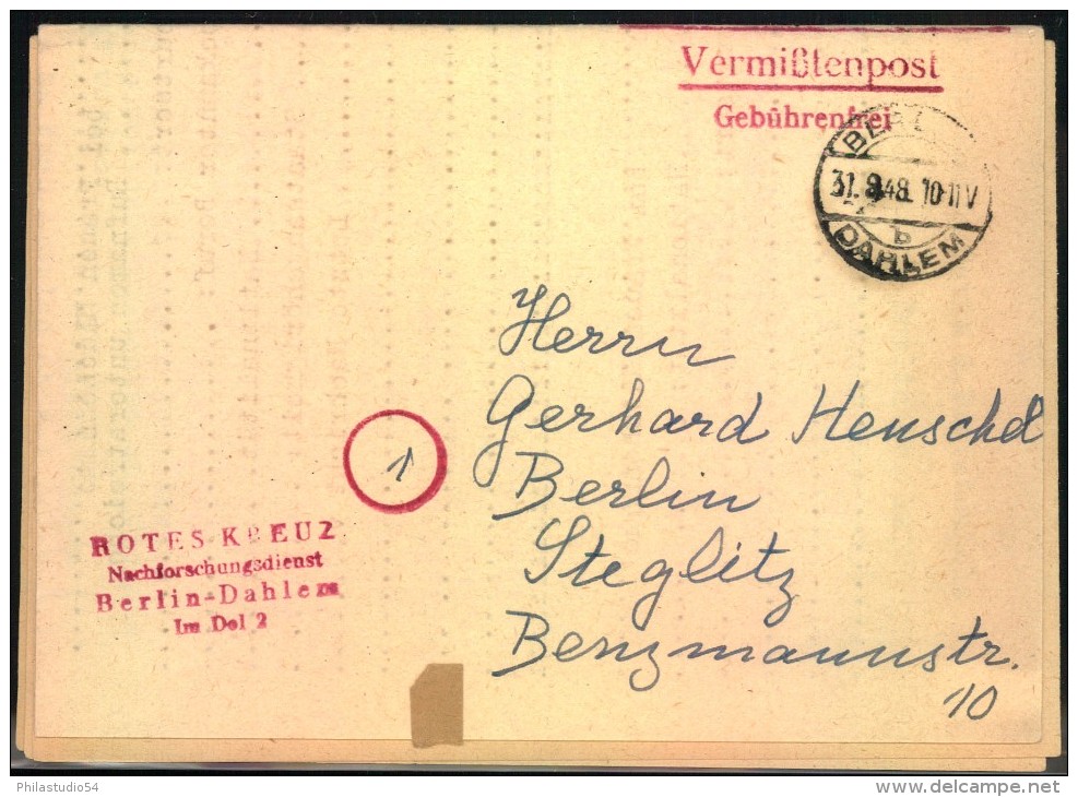 1948, "Vermißtenpost Gebührenfrei" Ab BERLIN-DAHLEM 31.9.48 - Other & Unclassified