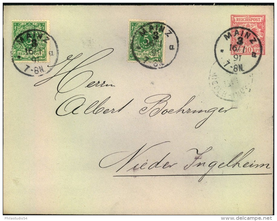1891, 10 Pfg. Krone/Adler Umschlag, Großformat Mit Zusatzfrankatur Ab MAINZ - Sonstige & Ohne Zuordnung