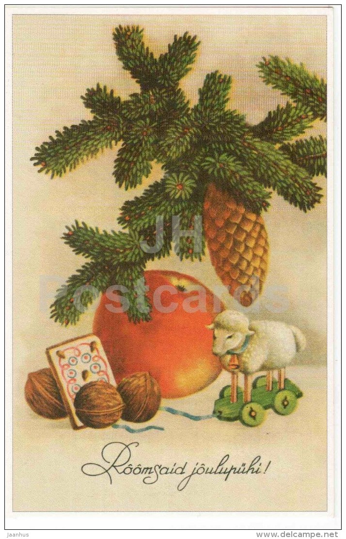 Christmas Greeting Card - Cone - Apple - Walnut - Fir - Old Postcard Reproduction - Estonia - Unused - Autres & Non Classés