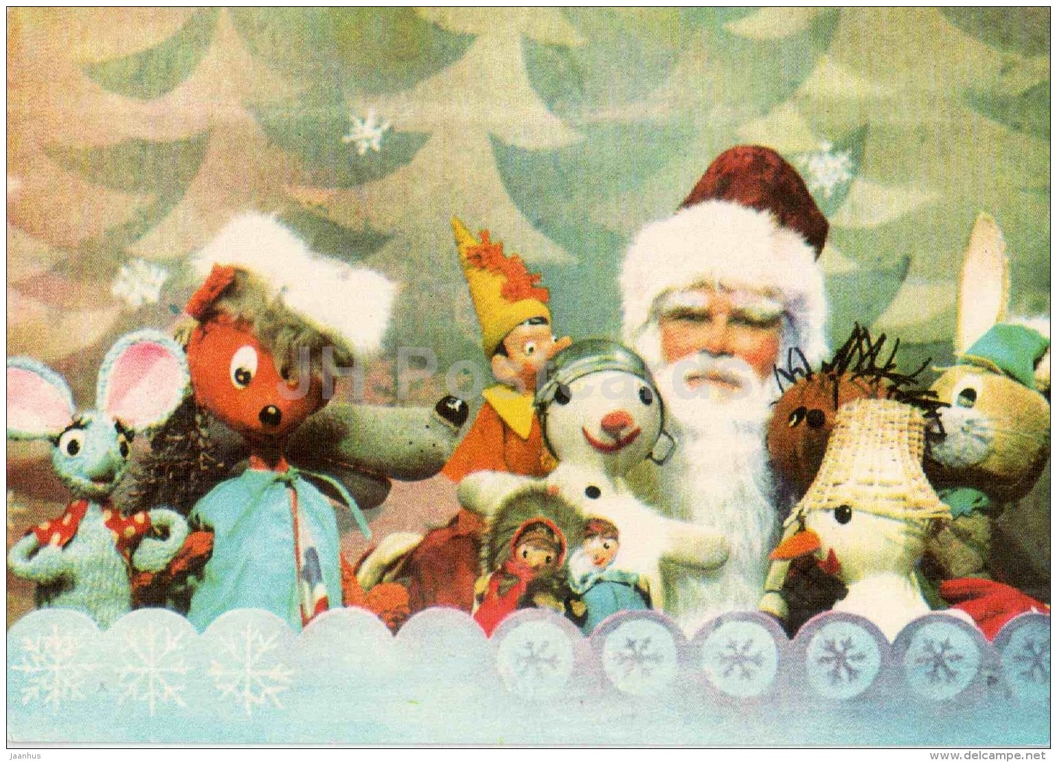 New Year Greeting Card - Puppetry - Hare - Mouse - Snowman - Pinocchio - Santa Claus - 1979 - Estonia USSR - Used - Nieuwjaar