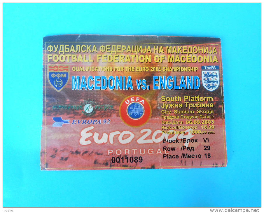 MACEDONIA Vs ENGLAND - 2003. UEFA EURO 2004. Qualif. Football Soccer Match Ticket Foot Billet Biglietto Fussball Calcio - Match Tickets