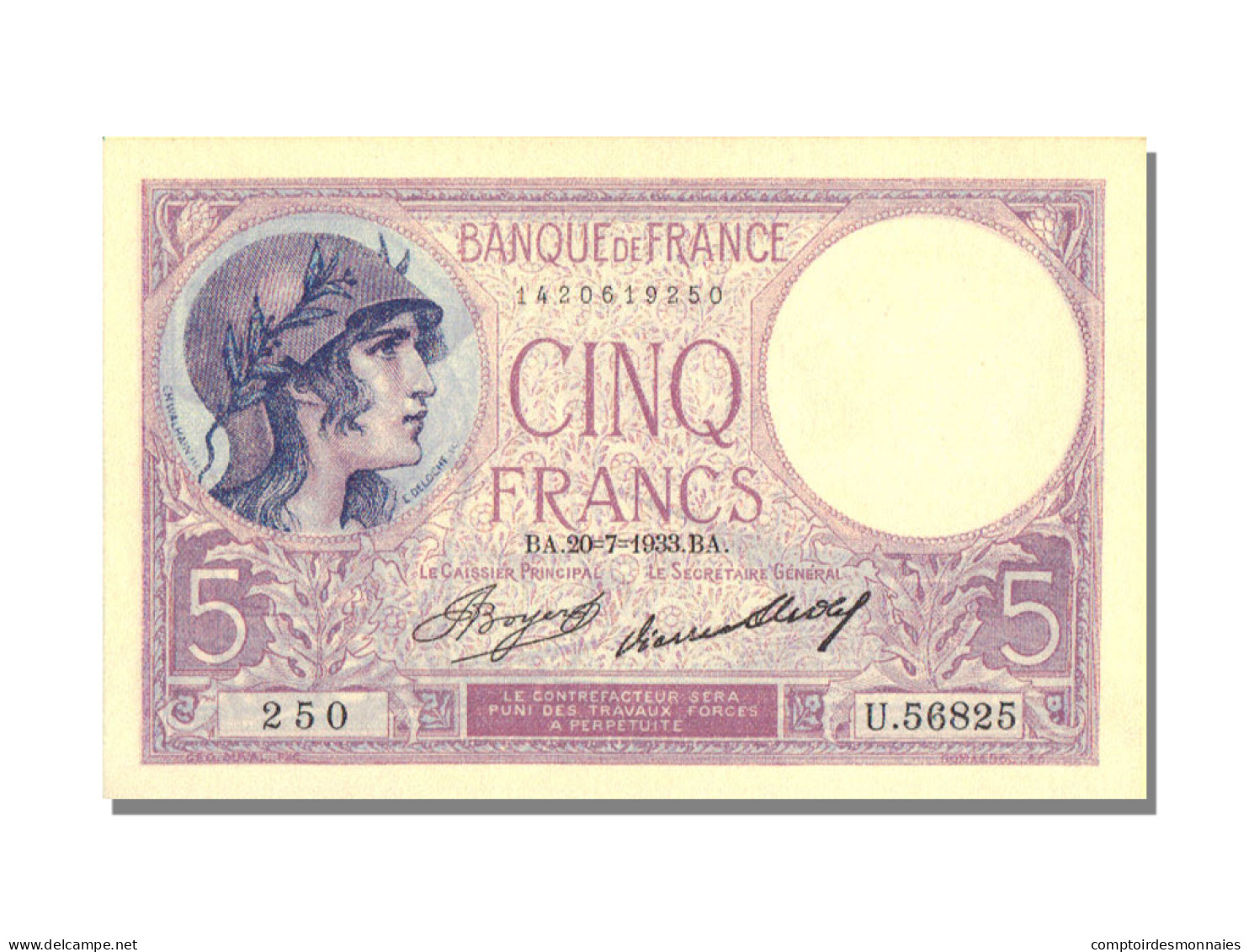 Billet, France, 5 Francs, 5 F 1917-1940 ''Violet'', 1933, 1933-07-20, SUP+ - 5 F 1917-1940 ''Violet''