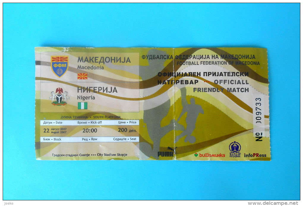 MACEDONIA Vs NIGERIA - 2007. Official Inter. Friendly Football Soccer Match Ticket Foot Billet Biglietto Fussball Futbol - Tickets & Toegangskaarten