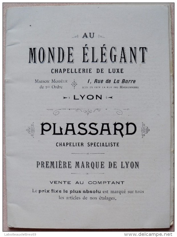 CATALOGUE PUBLICITAIRE AU MONDE ELEGANT-CHAPELLERIE DE LUXE-PLASSARD-LYON - 1901 - Textile & Clothing