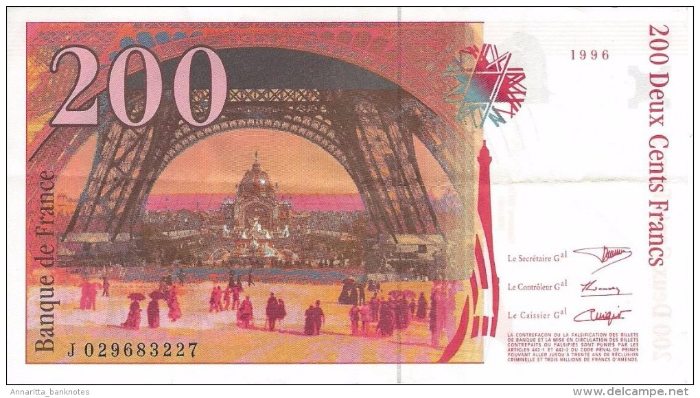 FRANCE 200 FRANCS 1996 P-159a XF SER: J 029683227  [ FR159a ] - 200 F 1995-1999 ''Eiffel''