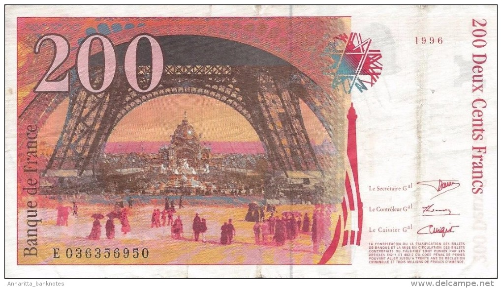 FRANCE 200 FRANCS 1996 P-159a VF+/XF SER: E 036356950  [ FR159a ] - 200 F 1995-1999 ''Eiffel''