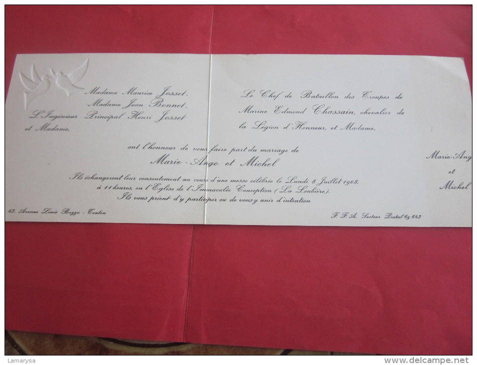 CHEF DE BATAILLON TROUPES MARINE FAIRE-PART MARIAGE CHASSAIN E./JOSSET J. FFA SECT POSTAL TOULON/ROCHE PERCEE BITCHE 57 - Boda