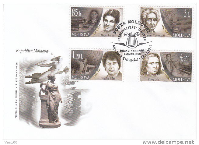 MUSIC, M. ISANOS, C. HRSANOVSCHI, N. SULAC, F. LISZT, SINGERS, COMPOSERS, COVER FDC, 2011, MOLDOVA - Music