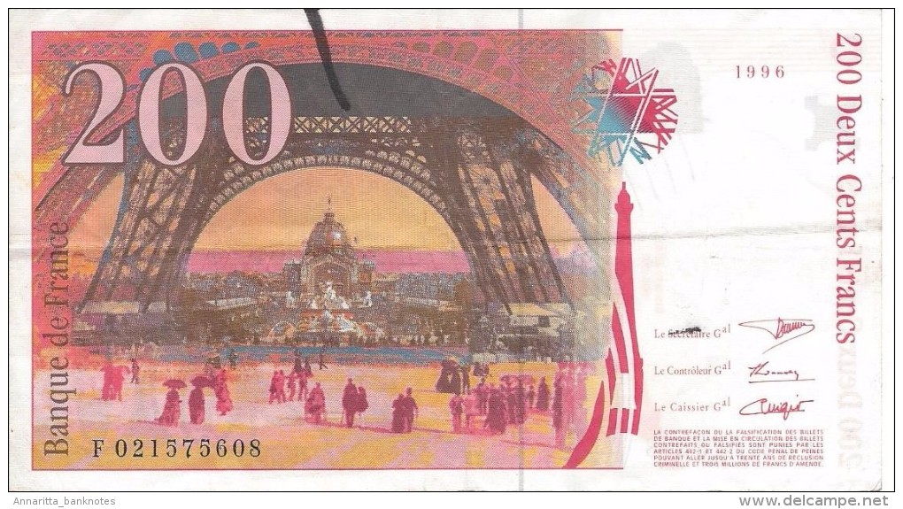 FRANCE 200 FRANCS 1996 P-159a VF++ SER: F 021575608  [ FR159a ] - 200 F 1995-1999 ''Eiffel''