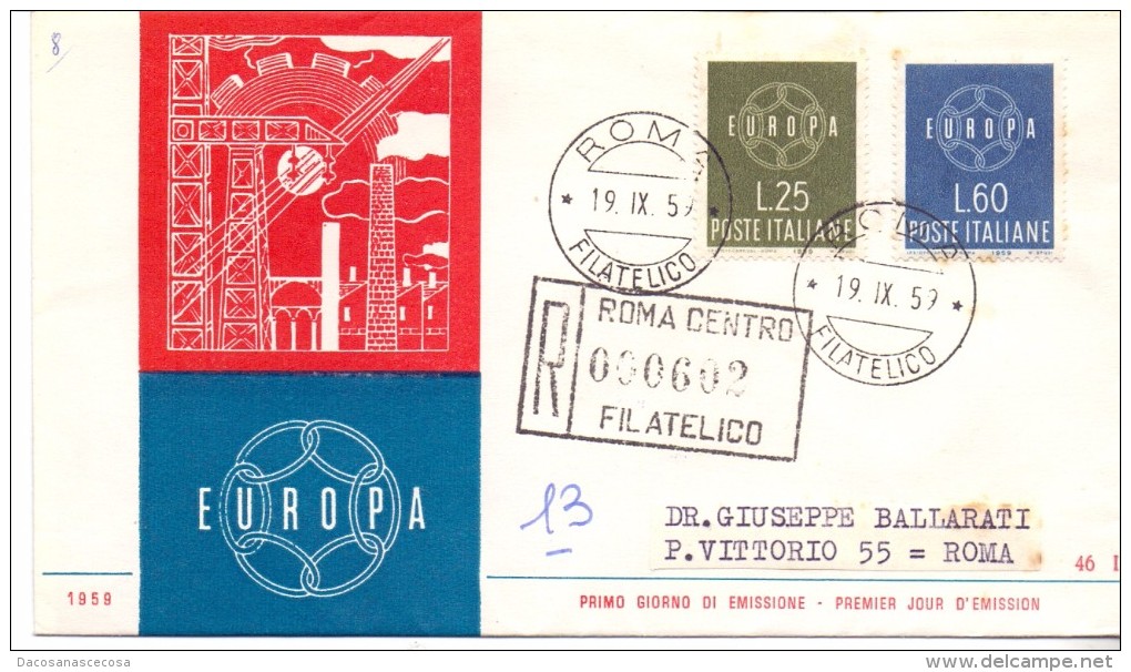 FDC - ITALIA -  EUROPA -  ANNO 1959 - TIMBRO ROMA FILATELICO - VIAGGIATA - R - FDC