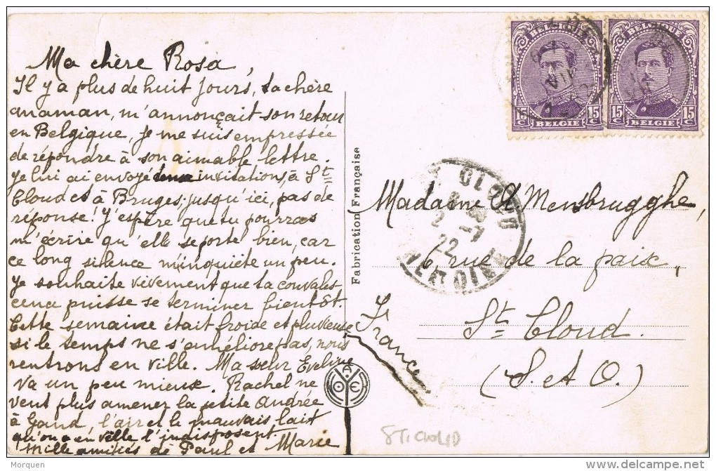 19186. Postal BELGIEN A St. Cloud (france) 1922. Portrait Madme Recamier - Cartas & Documentos