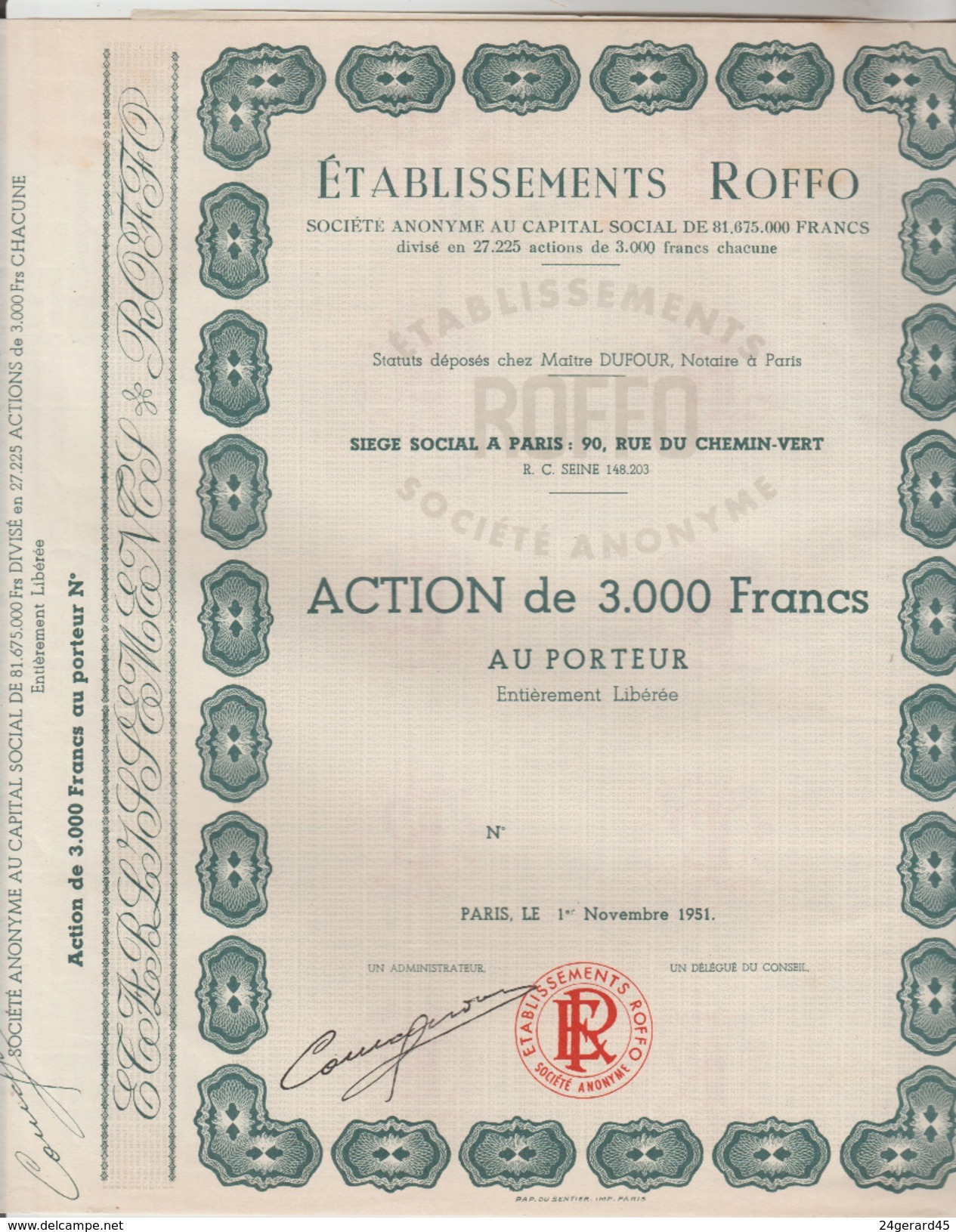 ACTION TITRE DE 3000 FRANCS AU PORTEUR - Etablissements ROLLO 90 Rue Du Chemin Vert PARIS 1/11/1951 - P - R