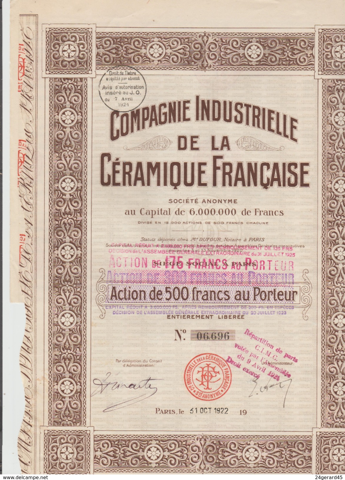 ACTION TITRE DE 500 FRANCS N° 06 696 AU PORTEUR - Compagnie Industrielle Céramique Française 31/10/1922 - A - C