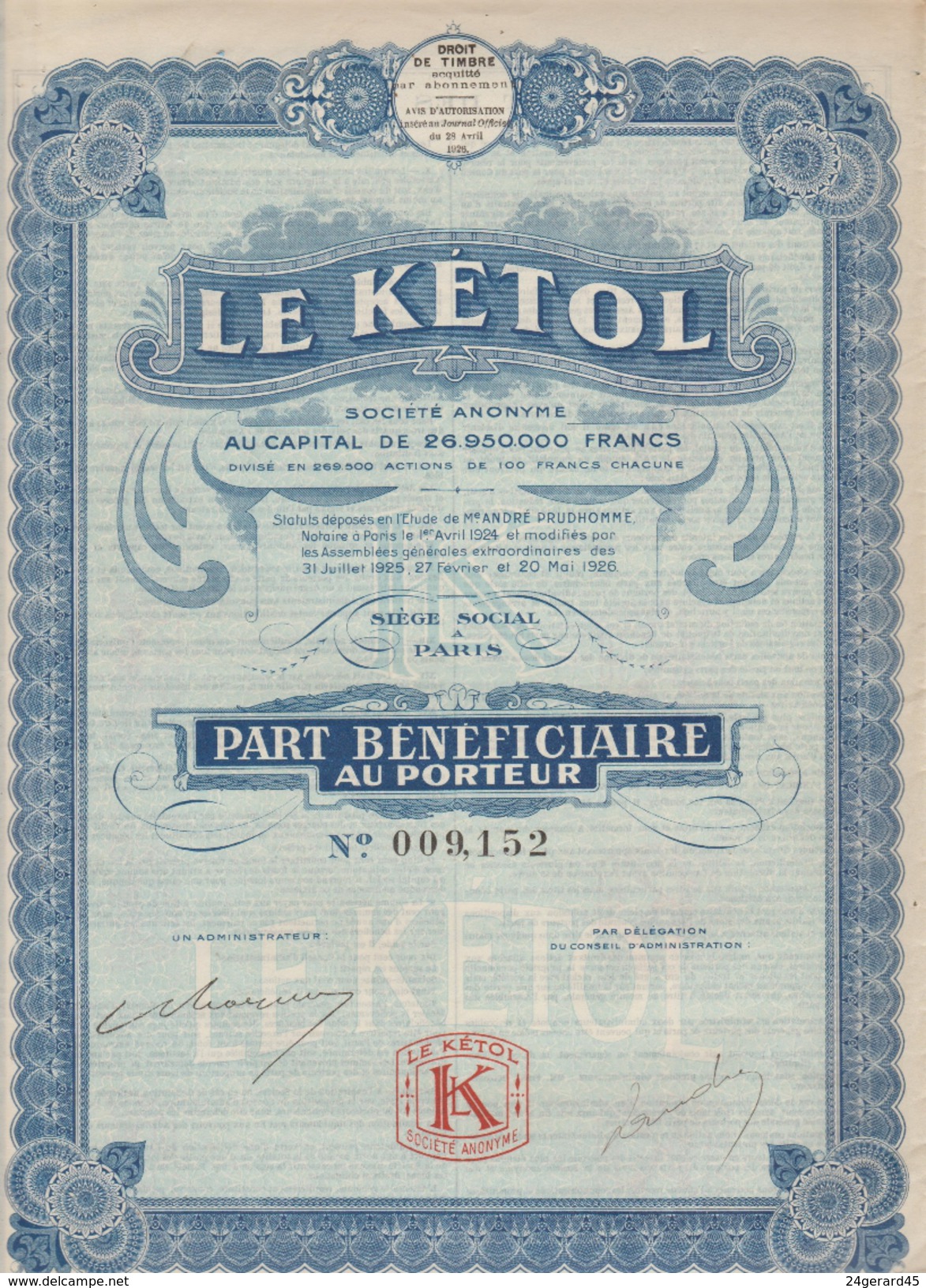 ACTION TITRE PART BENEFICIAIRE PORTEUR N° 009 152 - S.A LE KETOL 20/05/1926 - J - L