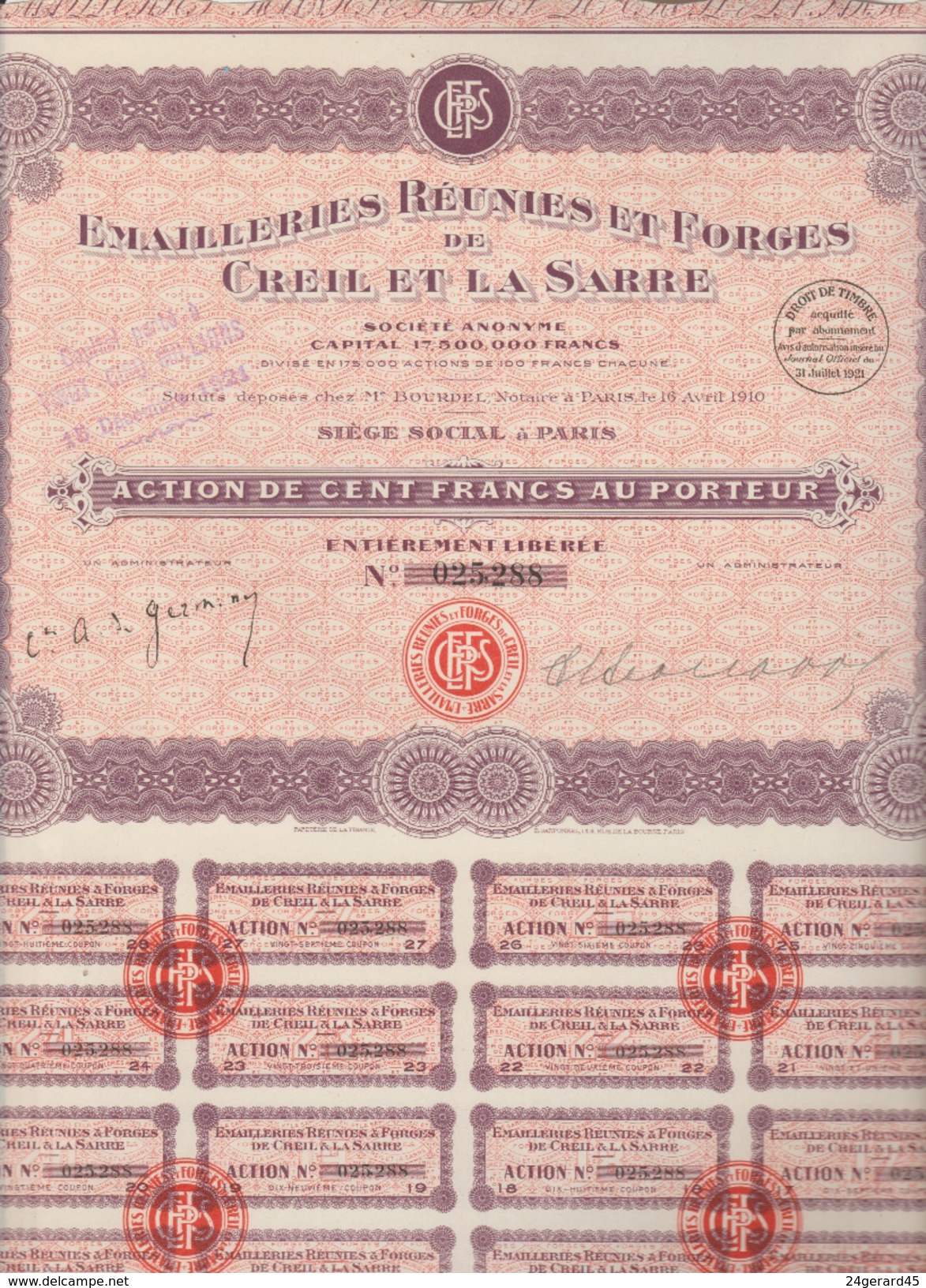 ACTION TITRE DE 100 FRANCS N°025 288 - EMAILLERIES REUNIES ET FORGES DE CREIL ET DE LA SARRE 15/12/1921 - D - F