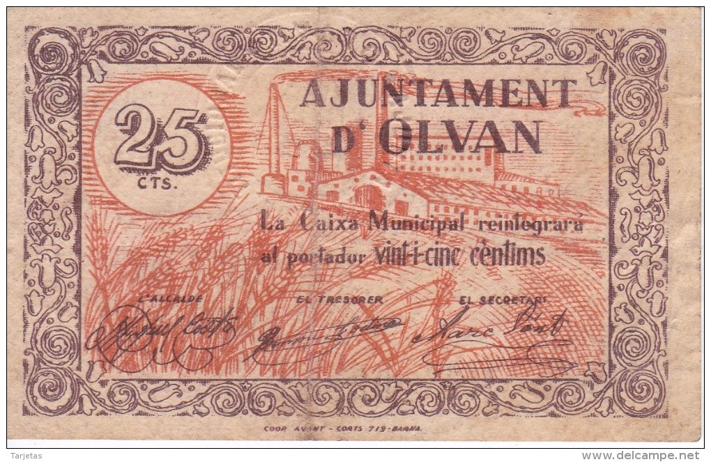 BILLETE DE 25 CENTIMOS DEL AJUNTAMENT D'OLVAN CON SELLO SECO (BANKNOTE) - Autres & Non Classés