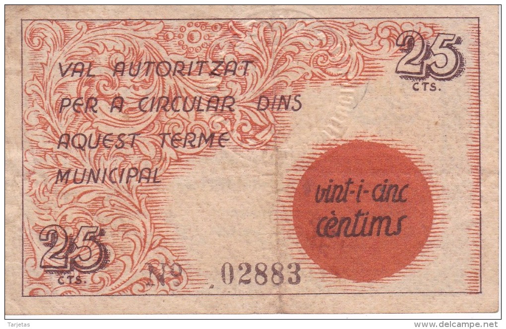 BILLETE DE 25 CENTIMOS DEL AJUNTAMENT D'OLVAN CON SELLO SECO (BANKNOTE) - Andere & Zonder Classificatie