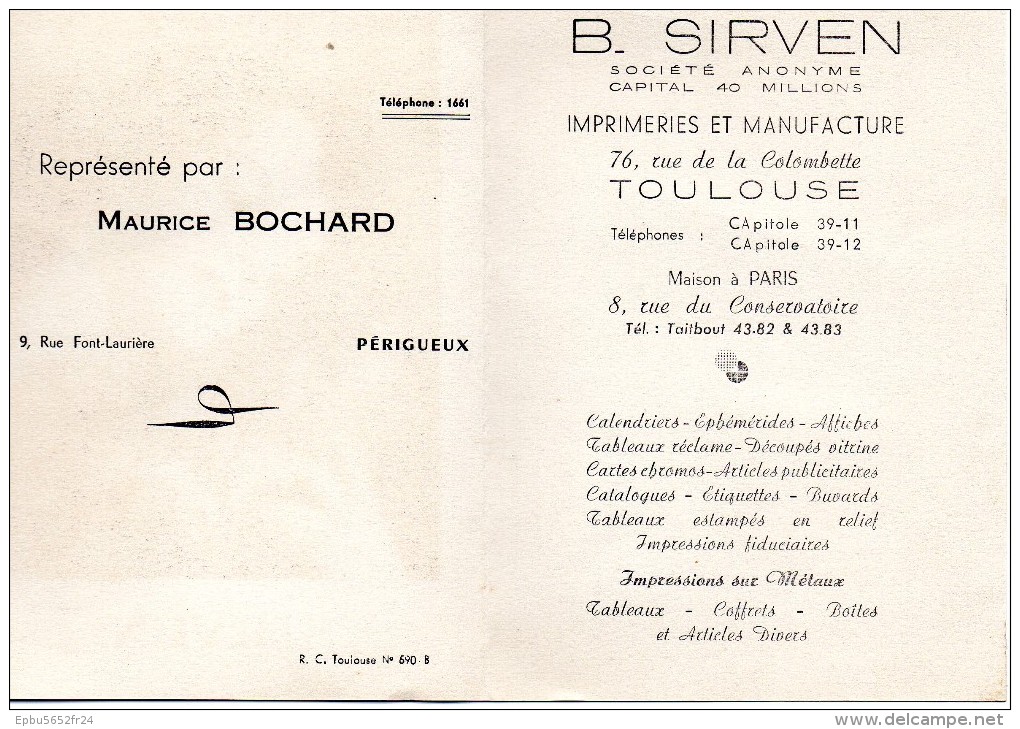 Plaquette De La Societe B SIRVEN Représentée Par Maurice BOCHARD De Périgueux- Imprimeries Et Manufacture à Toulouse - Targhe Di Cartone