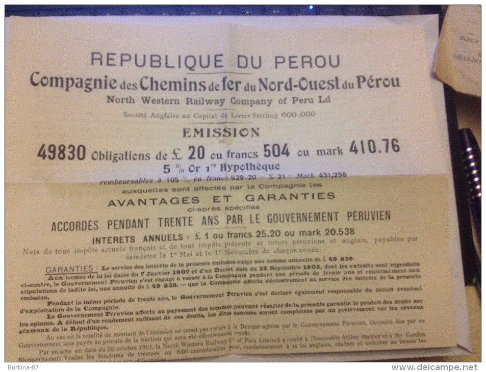 Compagnie Des Chemins De Fer Du Nord Ouest De Perou,1910, Publicité Pour La Vente D'Obligations - Bahnwesen & Tramways