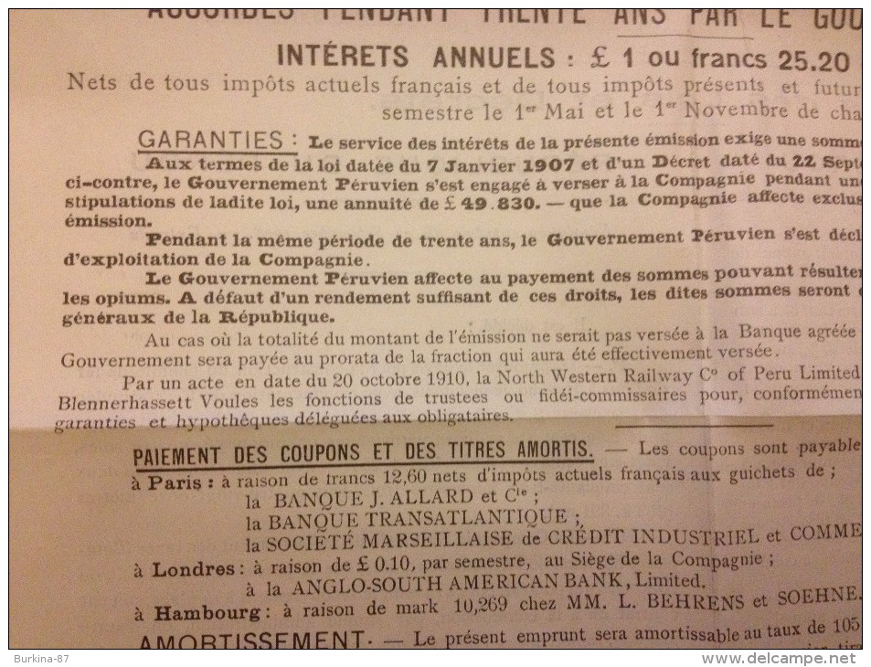 Compagnie Des Chemins De Fer Du Nord Ouest De Perou,1910, Publicité Pour La Vente D'Obligations - Spoorwegen En Trams