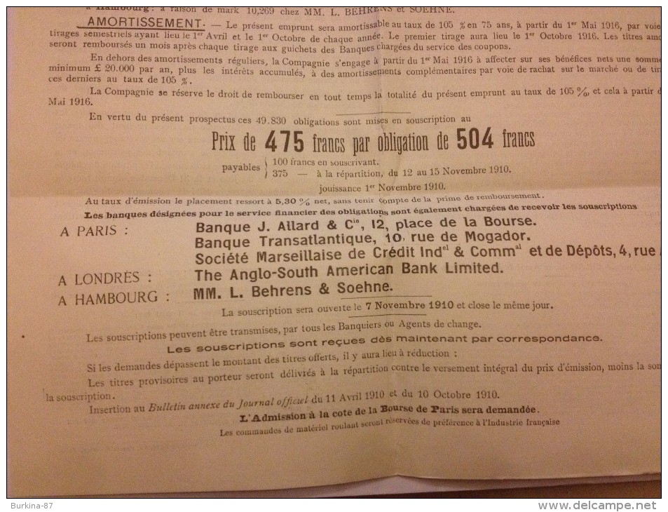 Compagnie Des Chemins De Fer Du Nord Ouest De Perou,1910, Publicité Pour La Vente D'Obligations - Spoorwegen En Trams