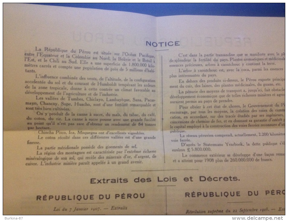 Compagnie des Chemins de fer du Nord Ouest de Perou,1910, publicité pour la vente d'Obligations
