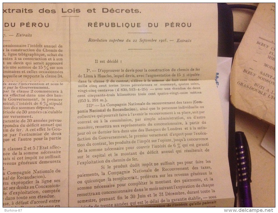 Compagnie des Chemins de fer du Nord Ouest de Perou,1910, publicité pour la vente d'Obligations