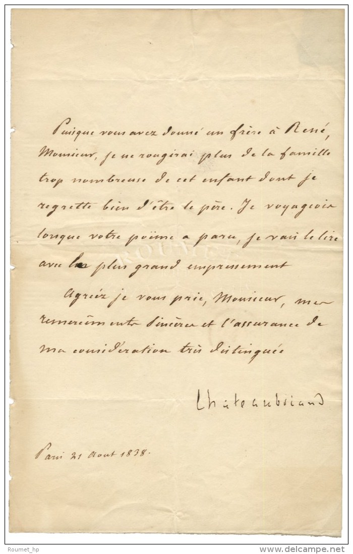 CHATEAUBRIAND François René Vicomte De (1768-1848), écrivain, Homme Politique. - Andere & Zonder Classificatie