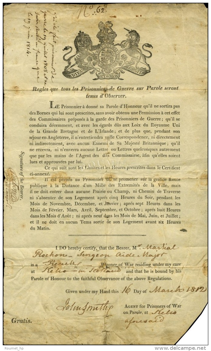 Document Imprimé Concernant Un Prisonnier De Guerre Français à Kelio En Ecosse Indiquant Les... - Legerstempels (voor 1900)