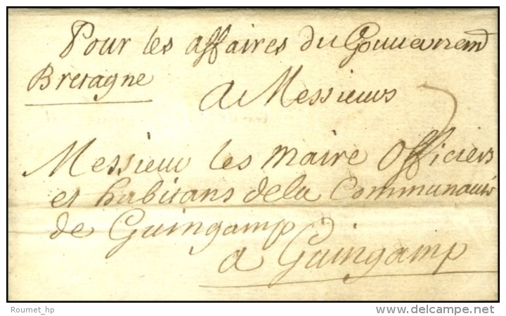 '' Pour Les Affaires Du Gouvernement '' Sur Lettre Avec Texte Daté De Versailles. 1709. - TB / SUP. - R. - Burgerlijke Brieven Zonder Portkosten