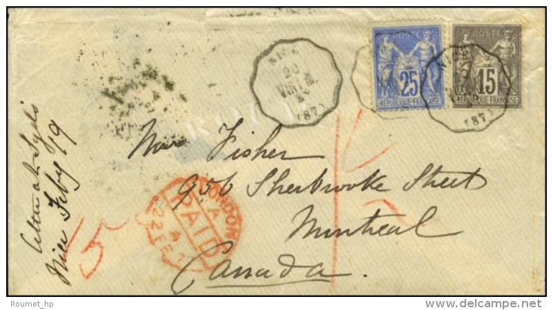 Conv. Stat NICE / VINT.M. (87) / N° 77 + 78 Sur Lettre Pour Montréal. 1877. - TB. - R. - Andere & Zonder Classificatie