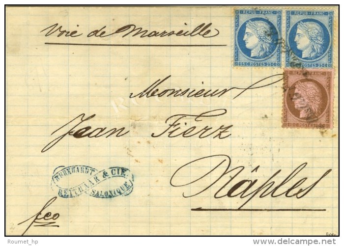 Grille COI POSTALI FRANCESI / N° 58 + 60 (2) Sur Lettre De Salonique Pour Naples. 1874. - TB. - R. - Andere & Zonder Classificatie